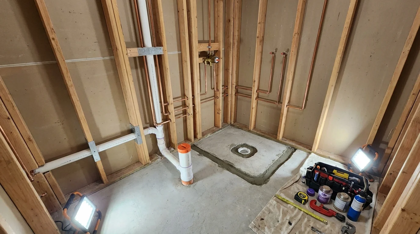 Bathroom rough-in plumbing during remodel by Johns Plumbing LLC in Henryetta