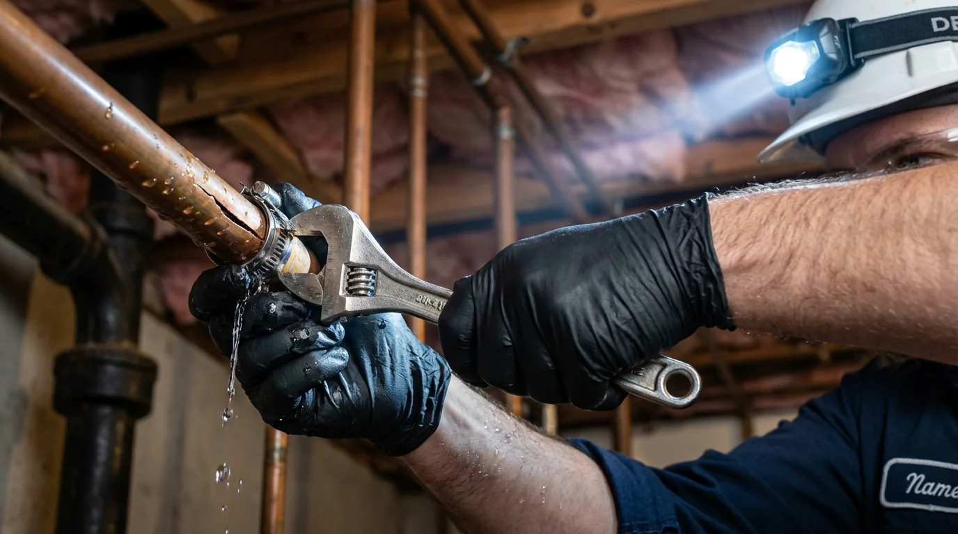 Emergency pipe clamp repair being performed by a Johns Plumbing LLC plumber in Henryetta