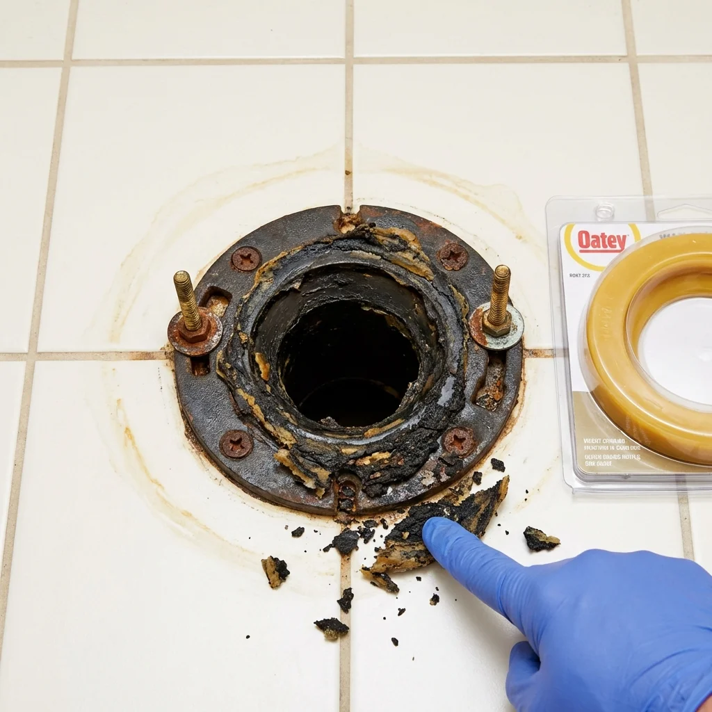 Failed wax ring showing water seepage at the base of a toilet in a Henryetta, OK home
