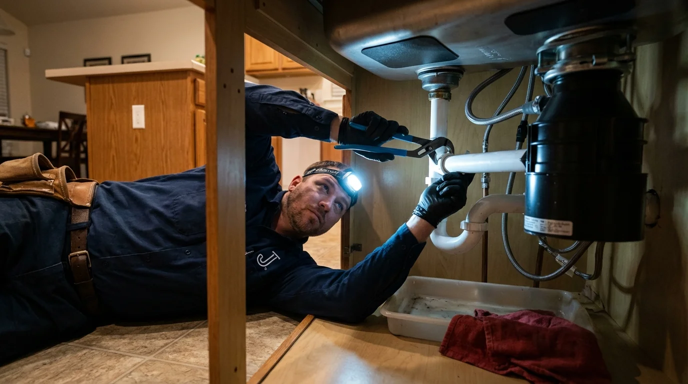 P-trap and supply line connections under a kitchen sink showing a common leak point in Henryetta, OK